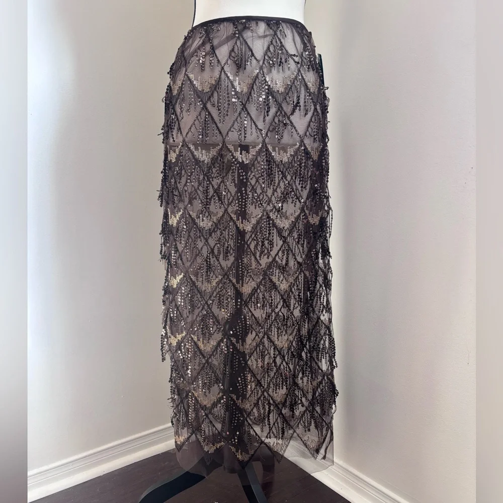NWT Simons Chocolate Brown Sequin Lace Sequin Sparkly tulle Midi Skirt Size S - Picture 3 of 15